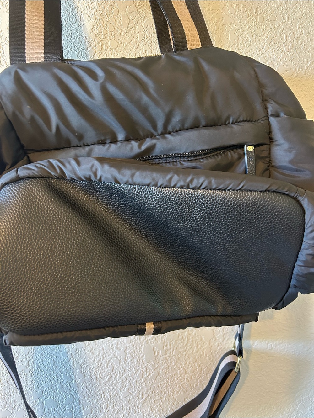 Black Quilted Nylon Tote Bag with Striped Strap - Picture 7 of 11